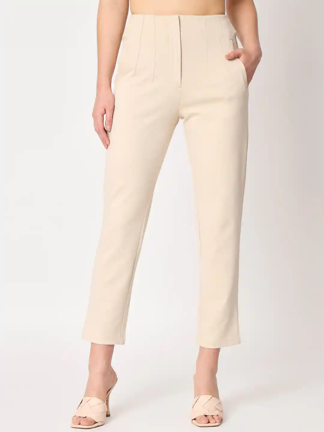 Buy Zastraa Women Beige Urban Slim Slim Fit High-Rise Cropped