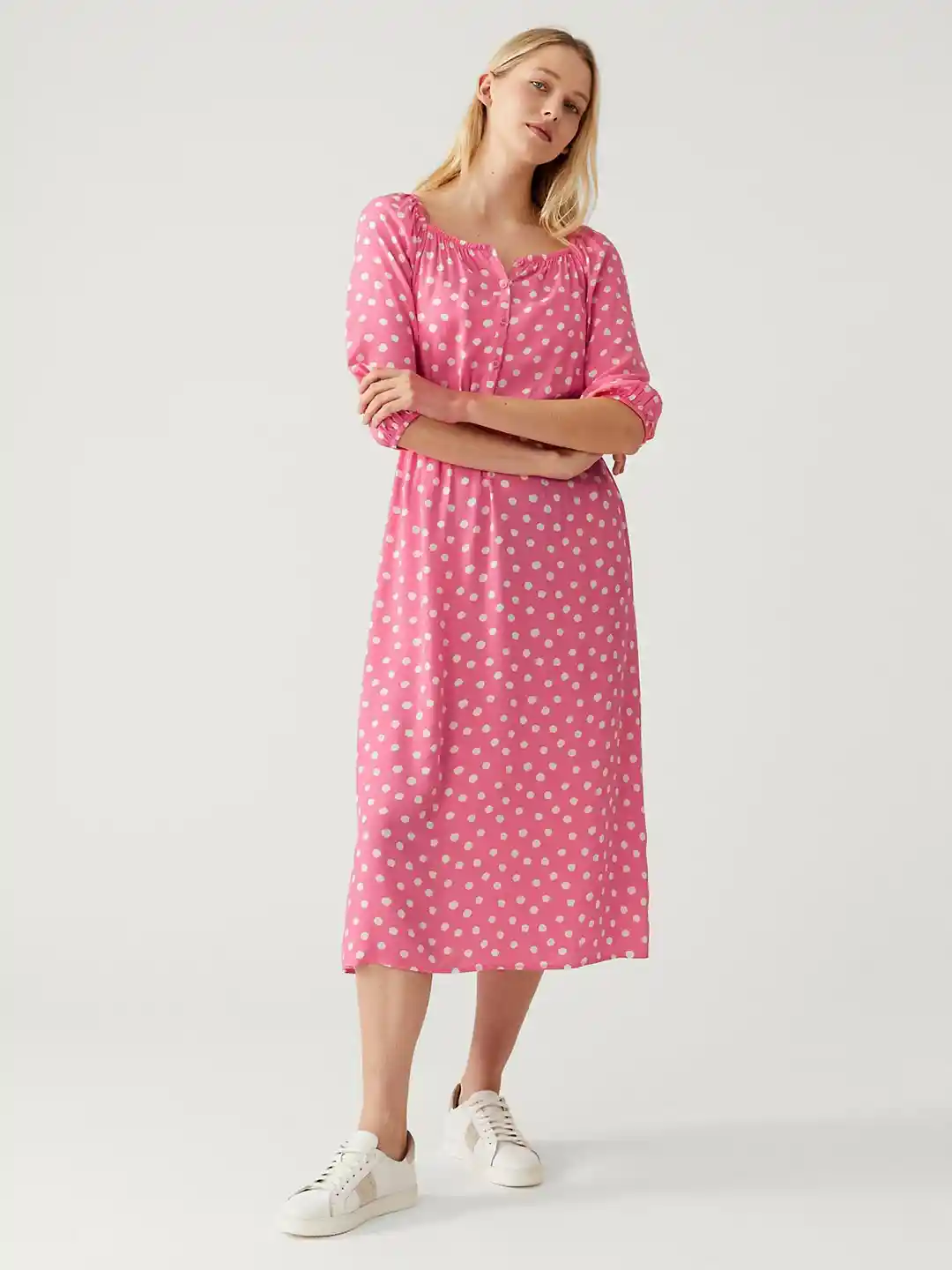 Buy Marks Spencer Pink Polka Dots Printed Puff Sleeves A-Line