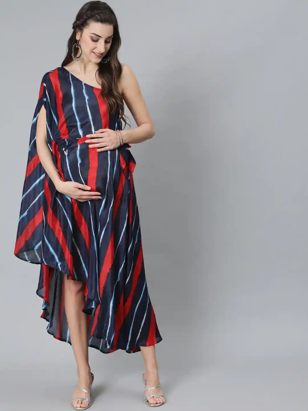 AKS Striped Leheriya Printed One Shoulder Maternity Maxi Dress