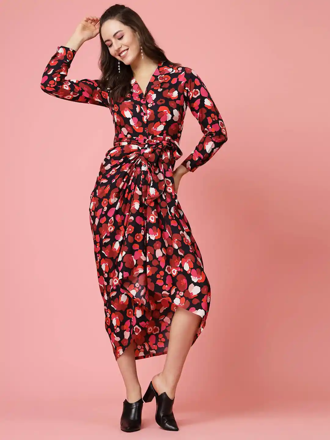 Buy plusS Pink Black Floral Printed Shirt Collar Cuffed Sleeves
