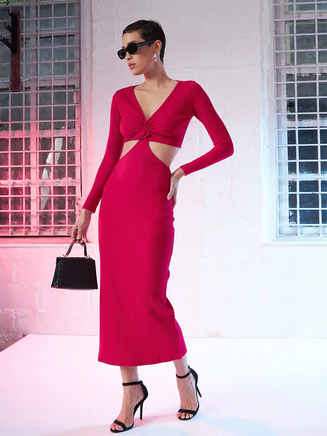 Buy SASSAFRAS Pink V-Neck Long Sleeve Cut-Outs Bodycon Maxi Dress