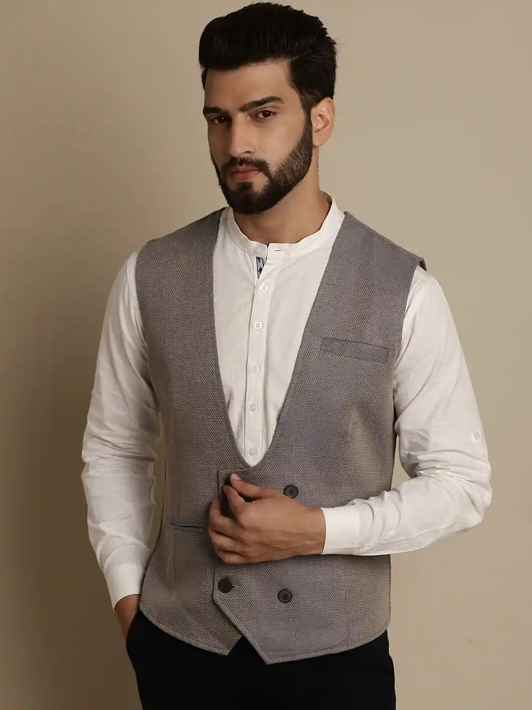 Buy even Double Breast V-Neck Woven Design Waistcoat Waistcoat