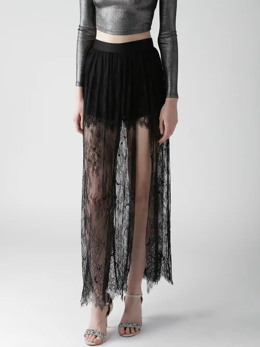 Myntra Gray Maxi Skirt Forever 21 FOREVER 21 Black Lace High Slit