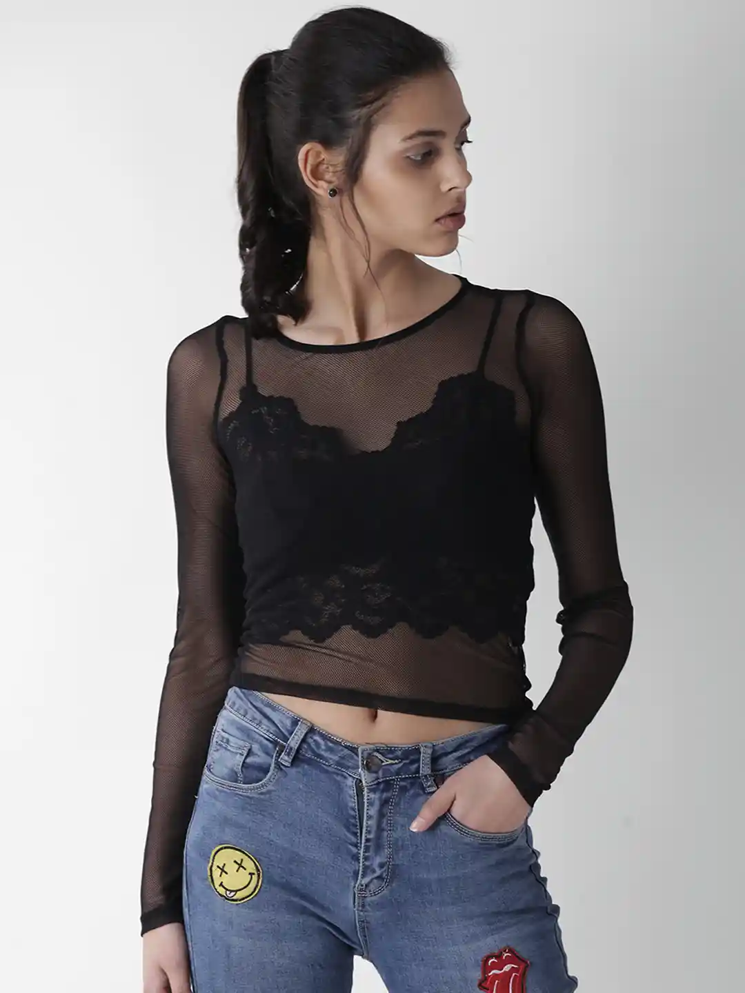 Buy FOREVER 21 Women Black Solid Net Crop Fitted Top Tops for