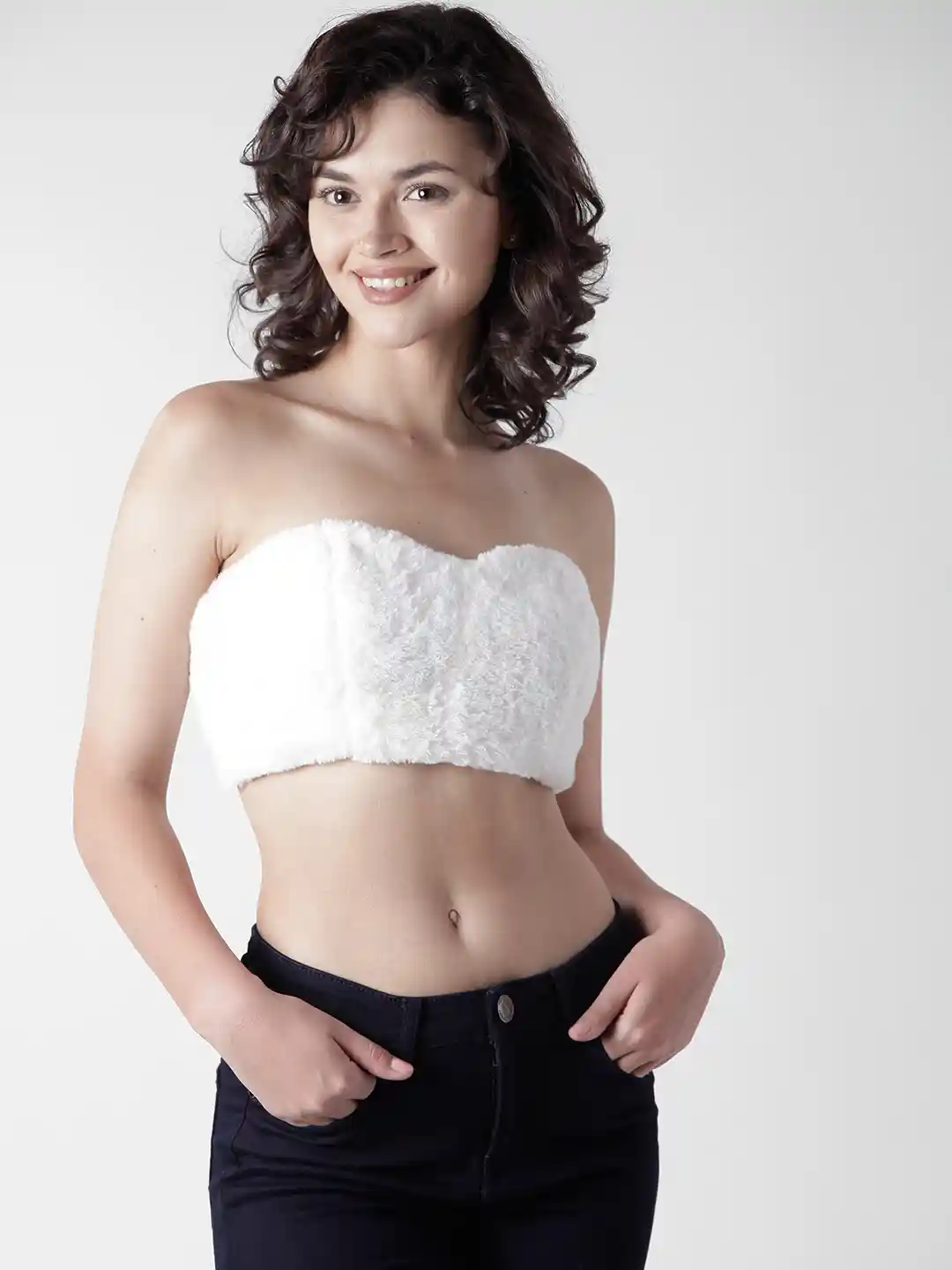 Buy FOREVER 21 Women Off-White Solid Faux Fur Crop Tube Top Tops