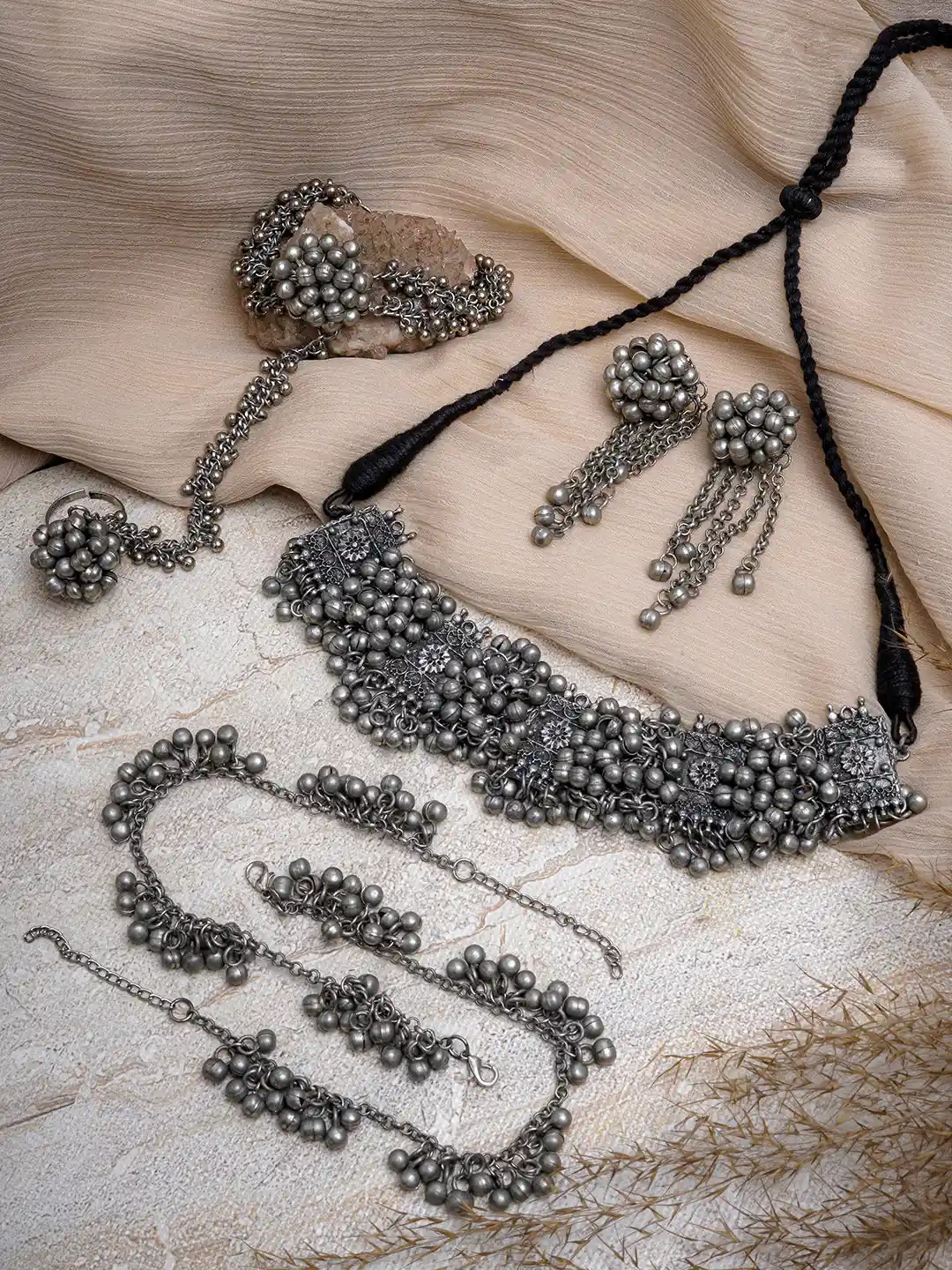 TEEJH Silver-Plated Oxidised Jewellery Set