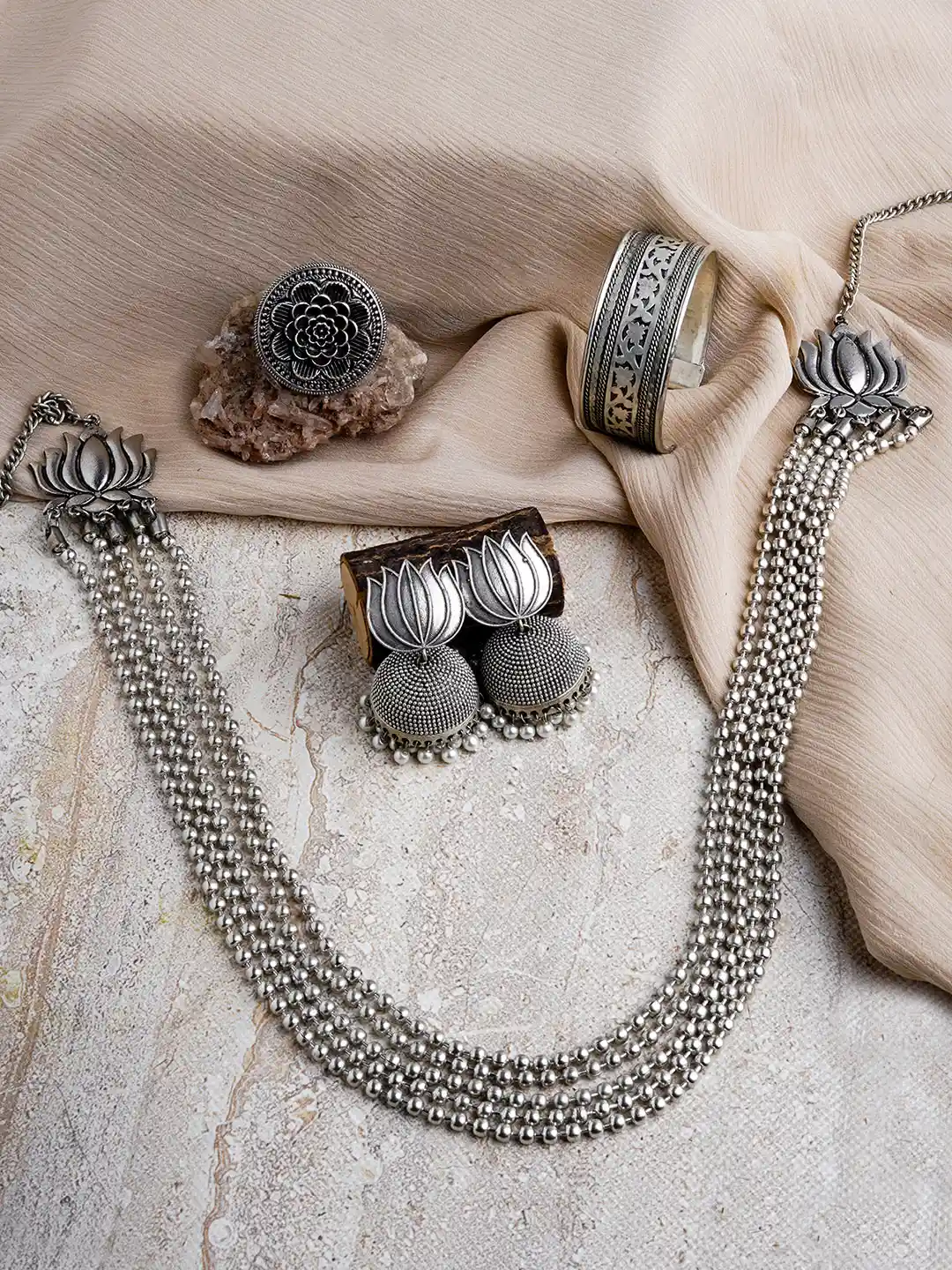 Silver-Plated Oxidised Necklace Set With Bracelet Ring