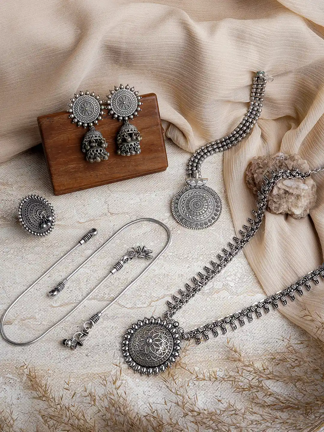 Buy TEEJH Silver-Plated Oxidised Jewellery Set Jewellery Set for