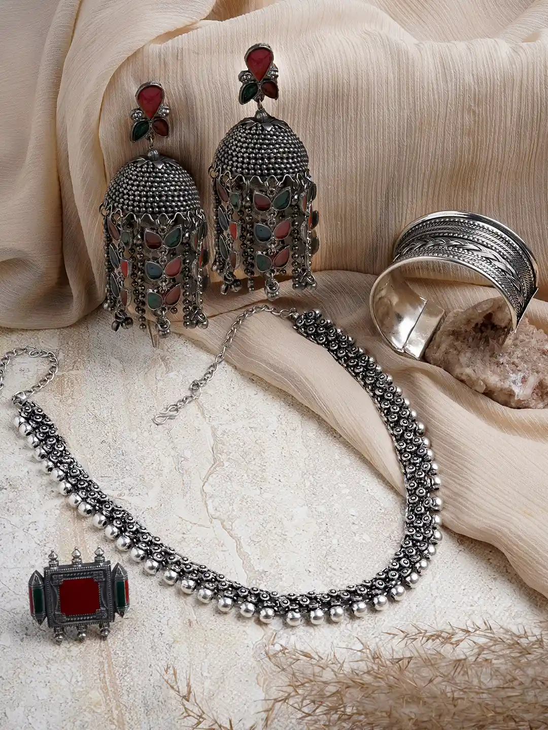 TEEJH Silver-Plated Oxidised Jewellery Set