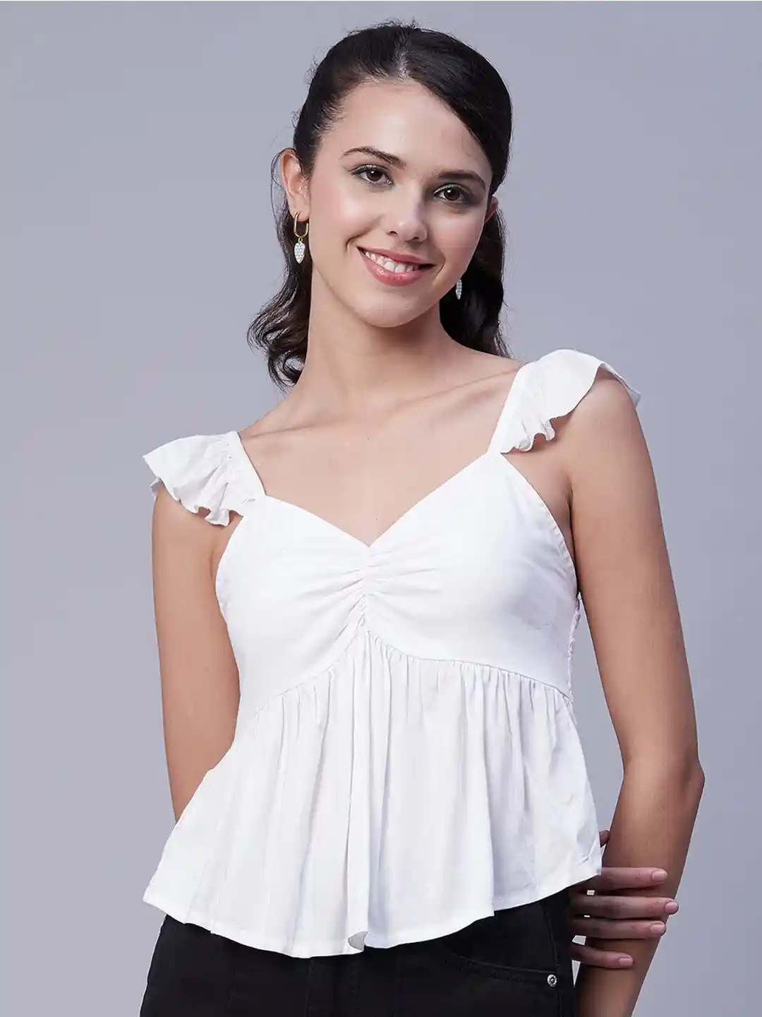 Buy Moomaya Sweetheart Neck Ruffled Flutter Sleeve Peplum