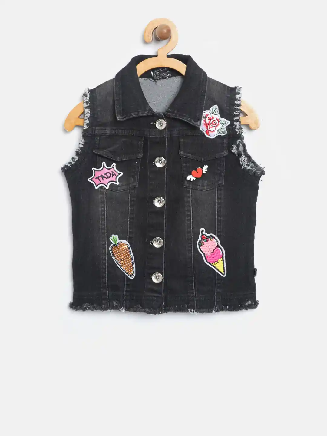 Buy Tiny Girl Black Solid Sleeveless Denim Jacket with Applique