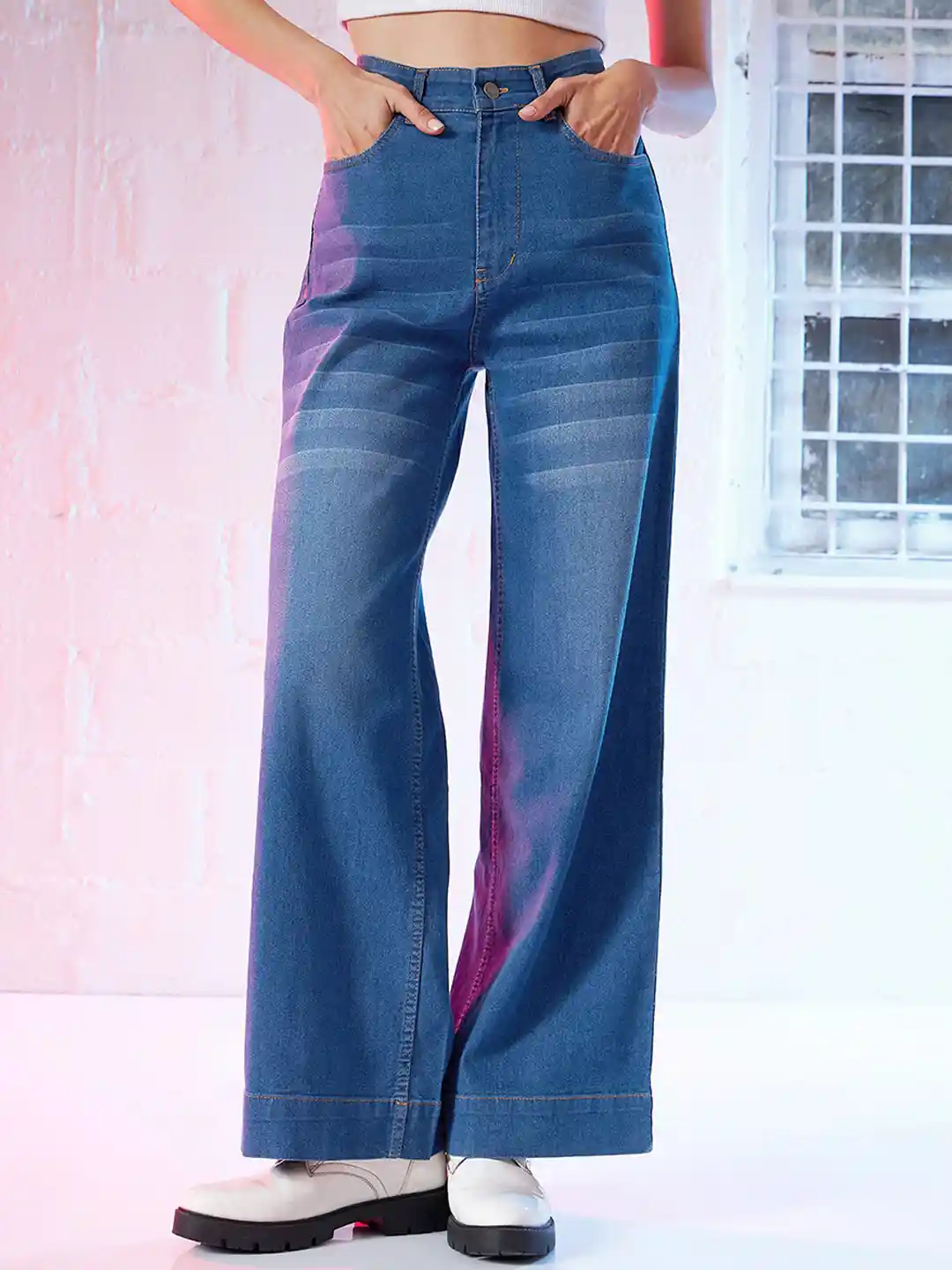 Buy SASSAFRAS Women High Rise Comfort Wide Leg Stretchable Jeans