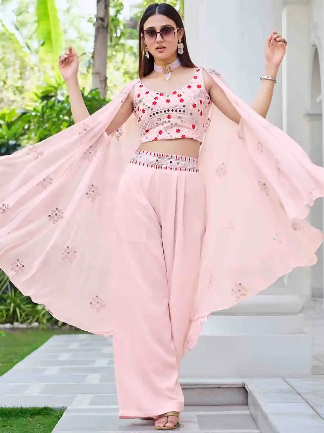 Buy Mitera Pink Embroidered Top With Palazzo With Shrug Co