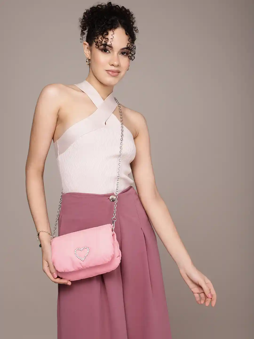 bebe Heart Design Stone Studded Embellished Sling Bag