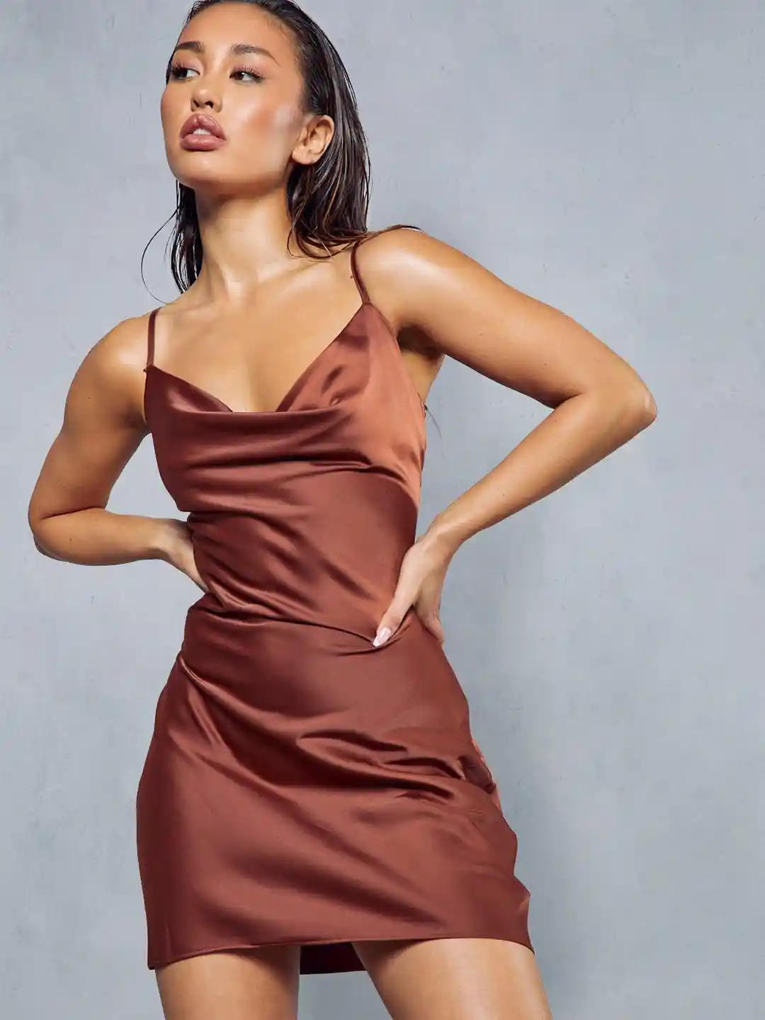 Cowl Neck Slip Mini Dress MISSPAP Cowl Neck Satin Slip Mini Dress