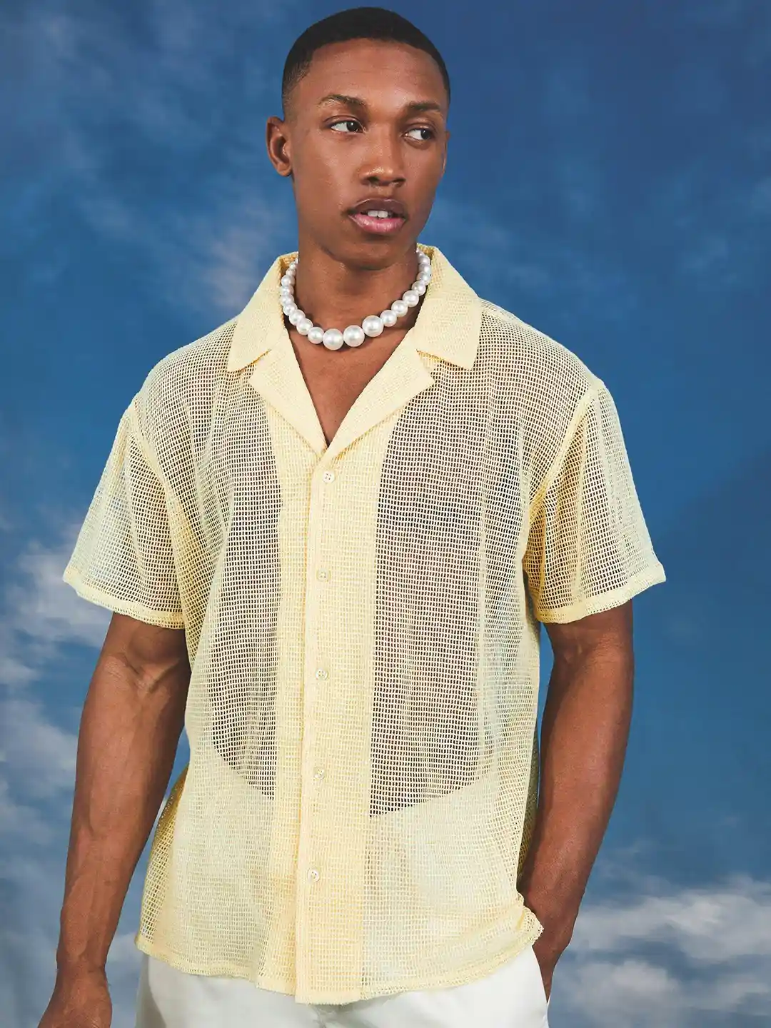 SYUMAN 24SS Crochet Short Sleeve Shirt ⁡ Sky Magic Men's Knit Button Down Casual Shirt Short Sleeve