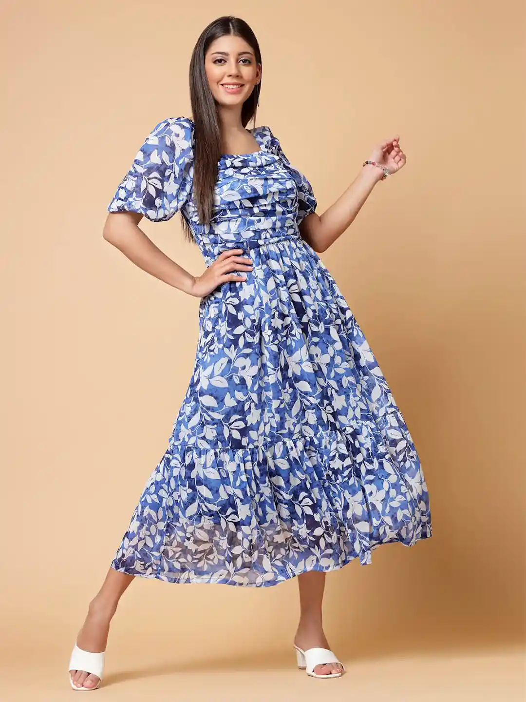 plusS Blue Floral Print Cold-Shoulder Fit Flare Midi Dress