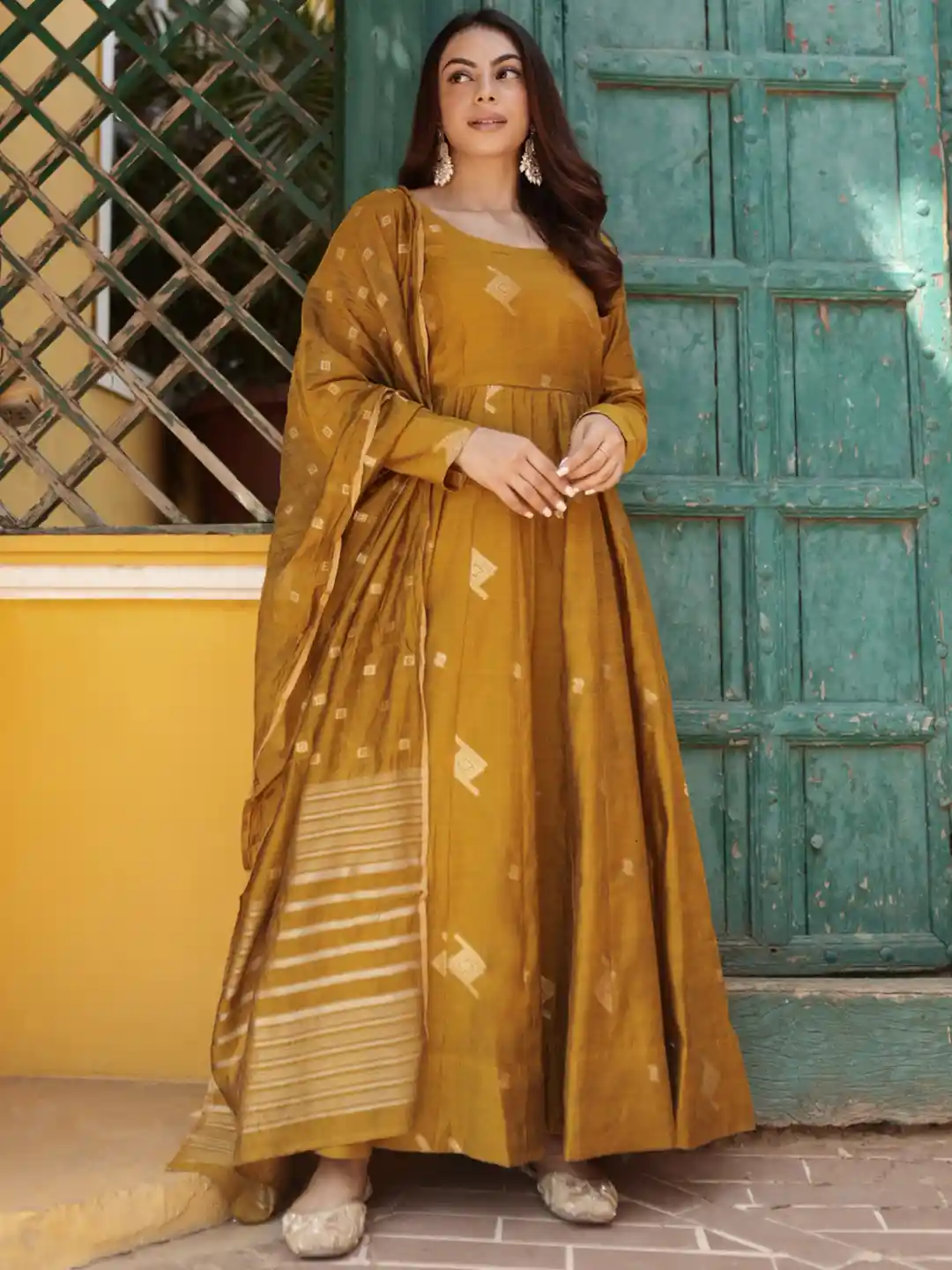 Libas Womens Mustard Woven Design Anarkali Kurta With Palazzos Dupatta