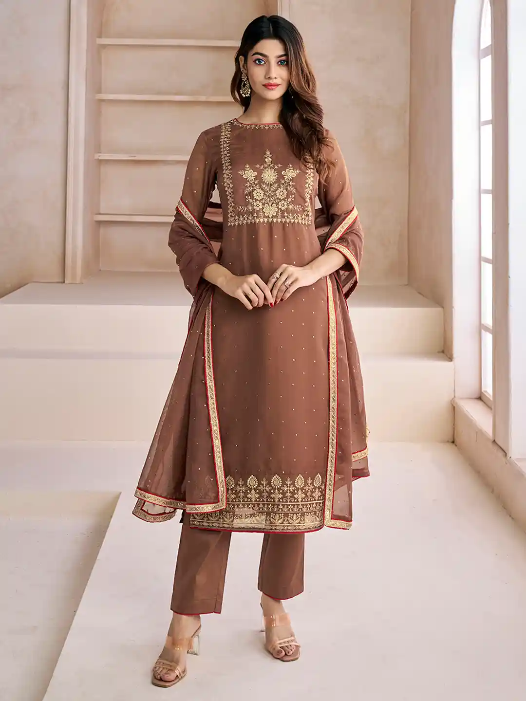 Buy Inddus Women Brown Zari and Mukaish Embroidered Yoke Design