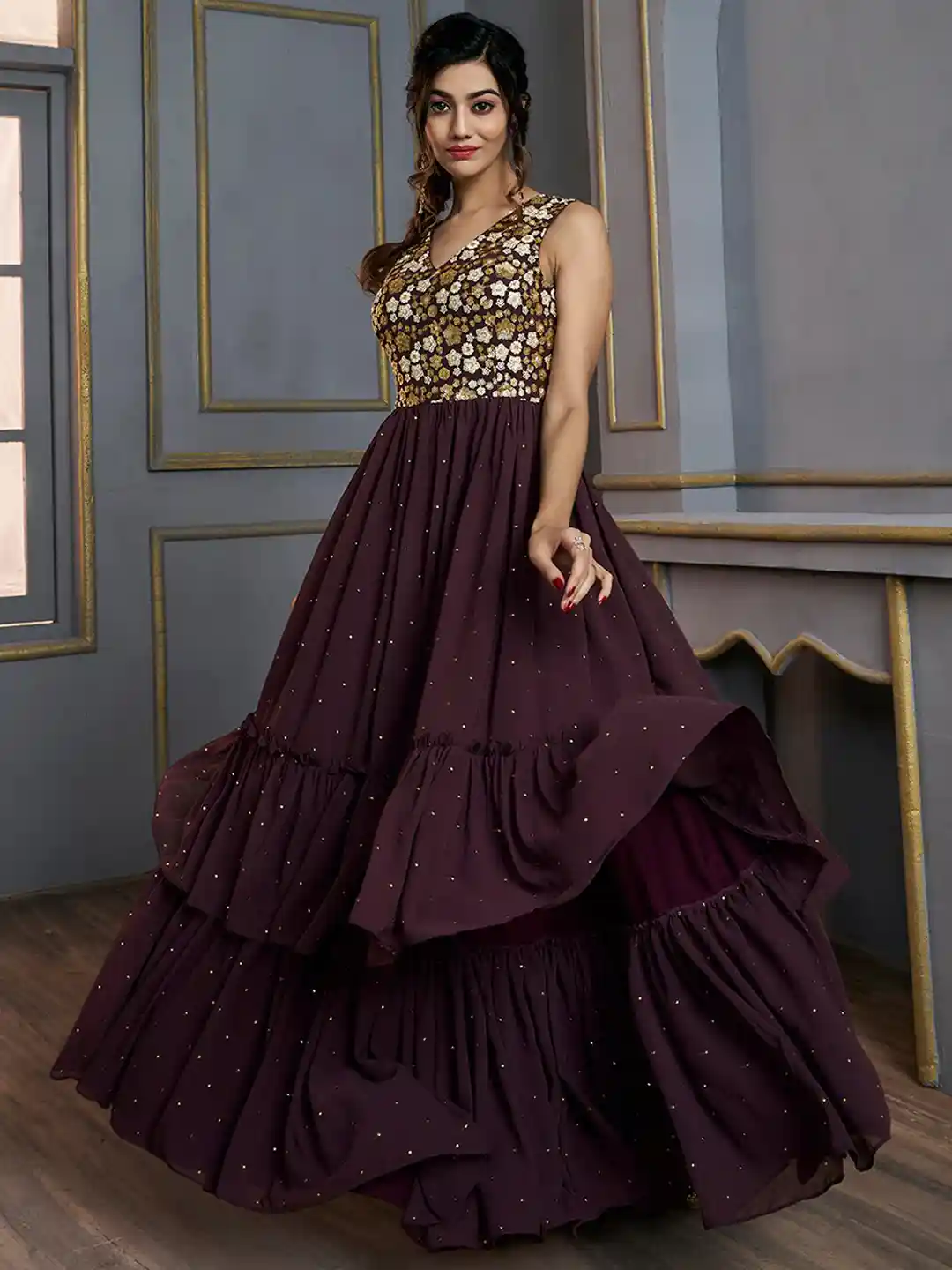 Buy Inddus Floral Embroidered Layered Fit Flare Maxi Ethnic