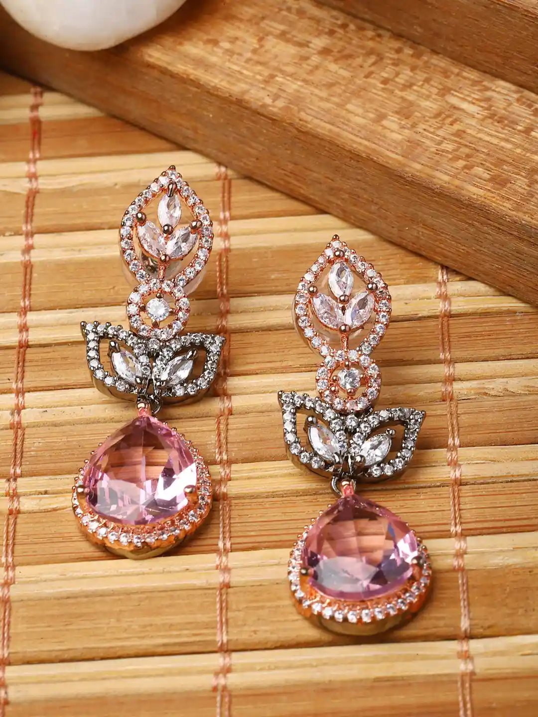 ZENEME Rose Gold-Plated American Diamond Studded Drop Earrings