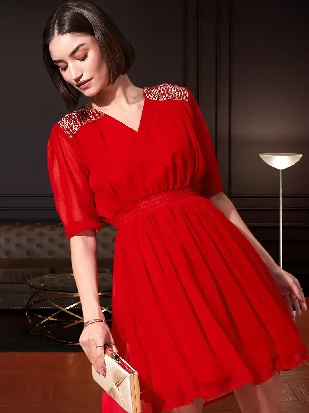 DressBerry Red Puffed Sleeves Sequined Georgette Fit Flare Dress