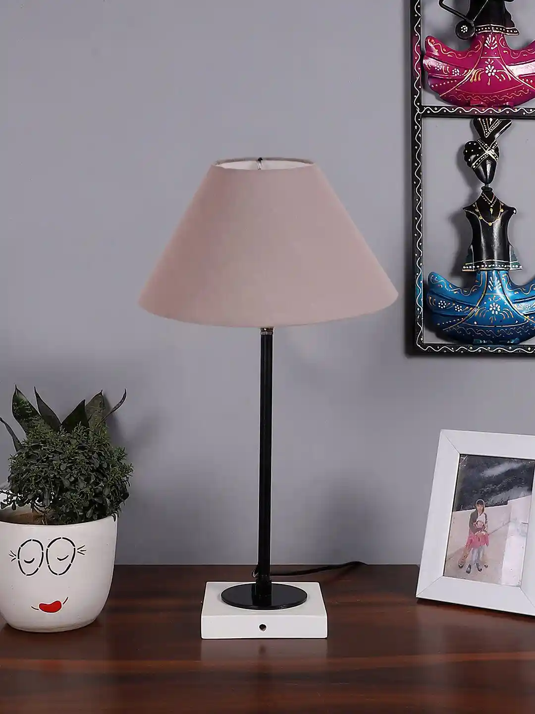 Devansh Grey Black Wooden Table Lamp With Cotton Shade