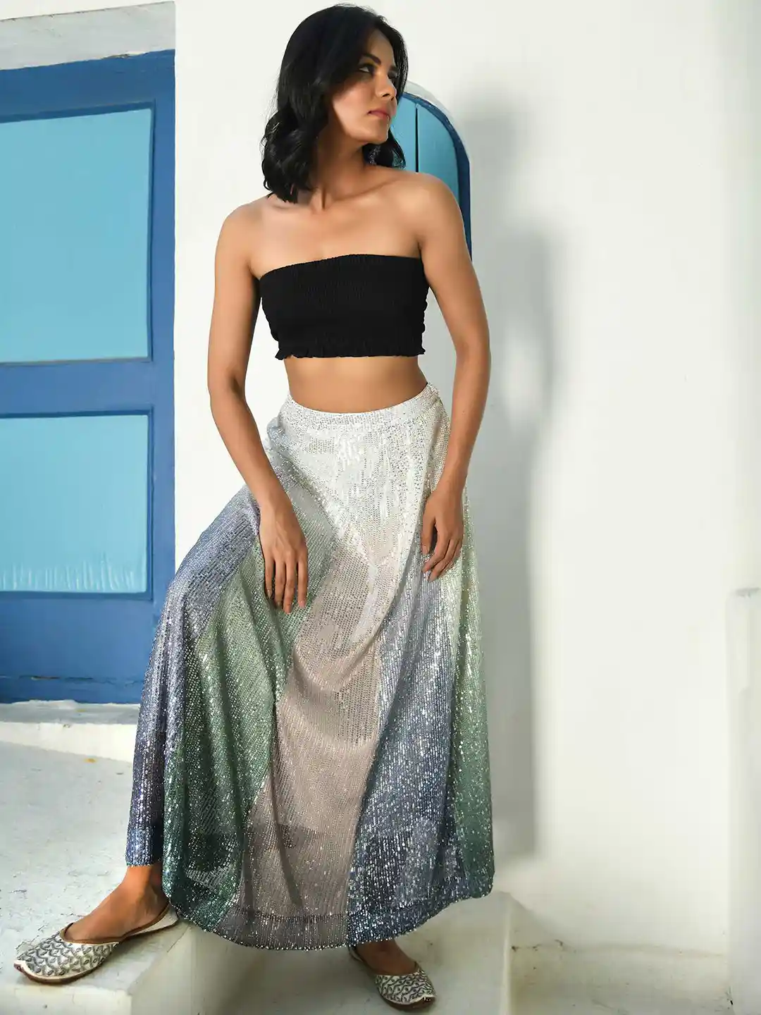 Buy NUHH Sequin Embellished Georgette Maxi Skirt - Skirts for