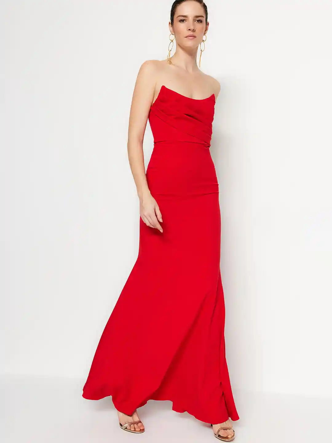 Trendyol Off-Shoulder Pleated Maxi Dress