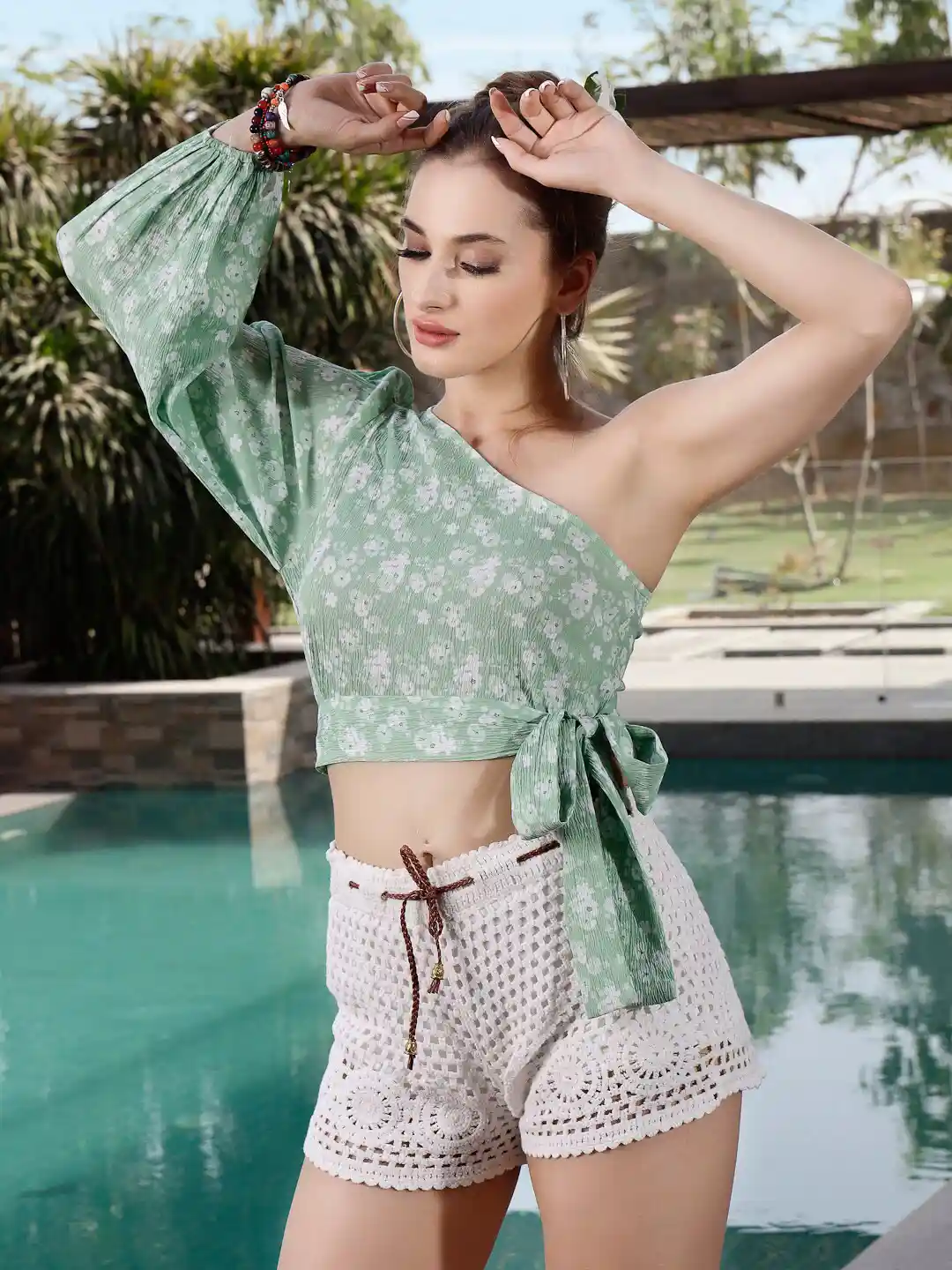 Buy Sera Green White Floral Printed One Shoulder Crop Top Tops