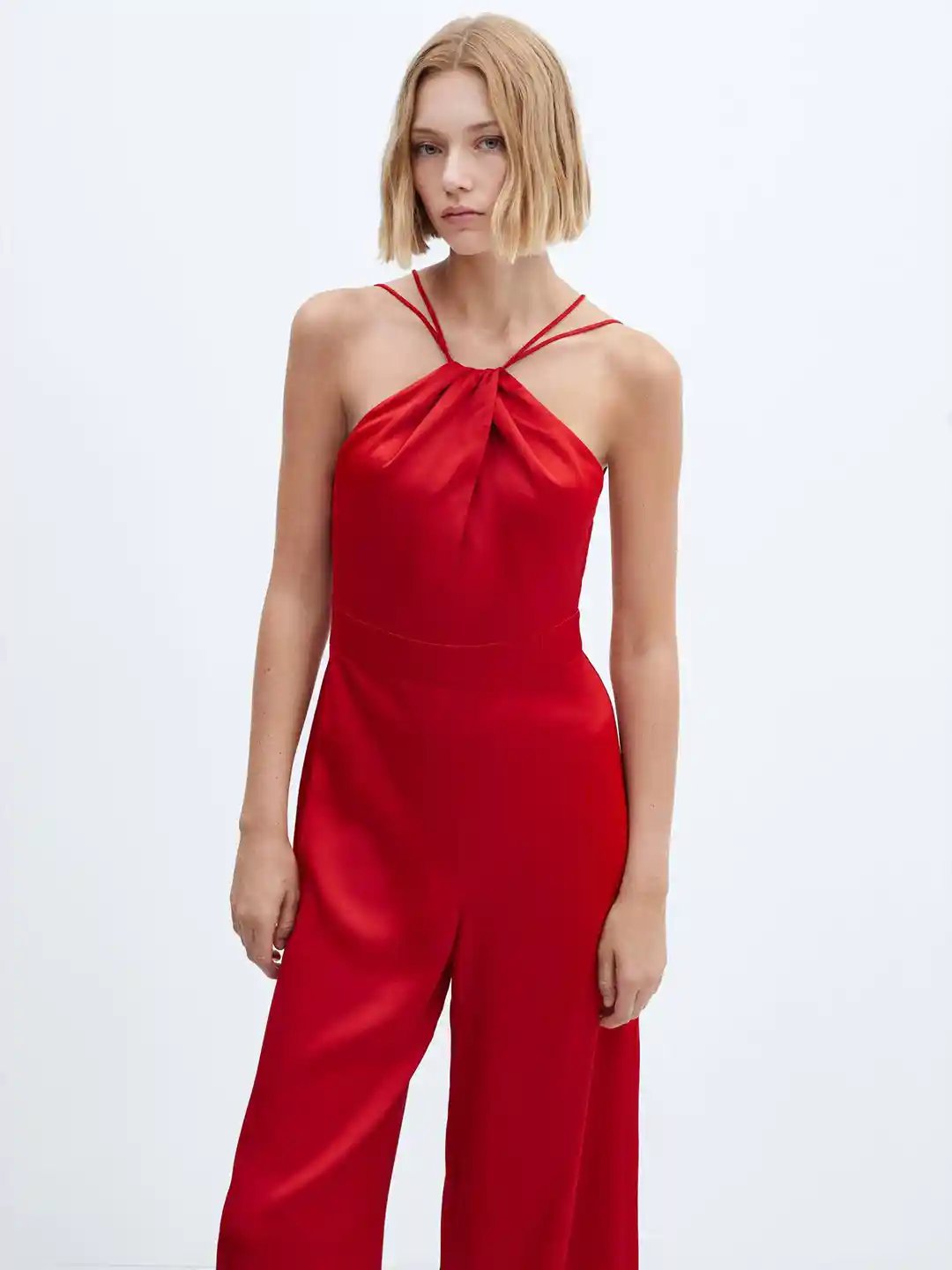 Buy MANGO Cherry Red Halter Neck Open-Back Satin Wide Leg Jumpsuit