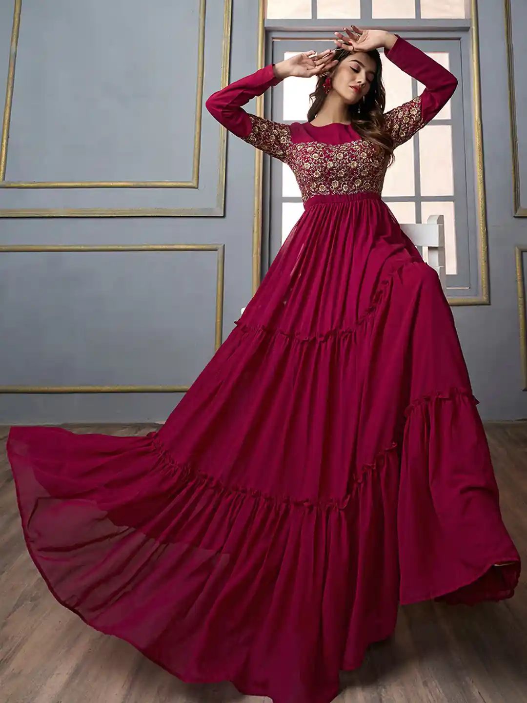 Buy Inddus Floral Embroidered Gathered Detail Tiered Fit Flare