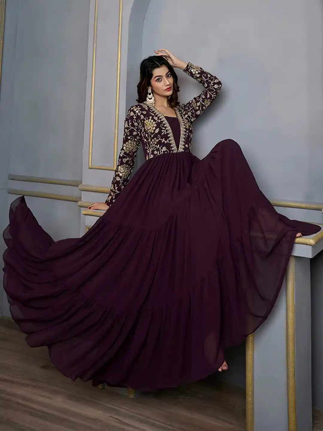 Inddus Floral Sequins And Embroidered Tiered Maxi Dress