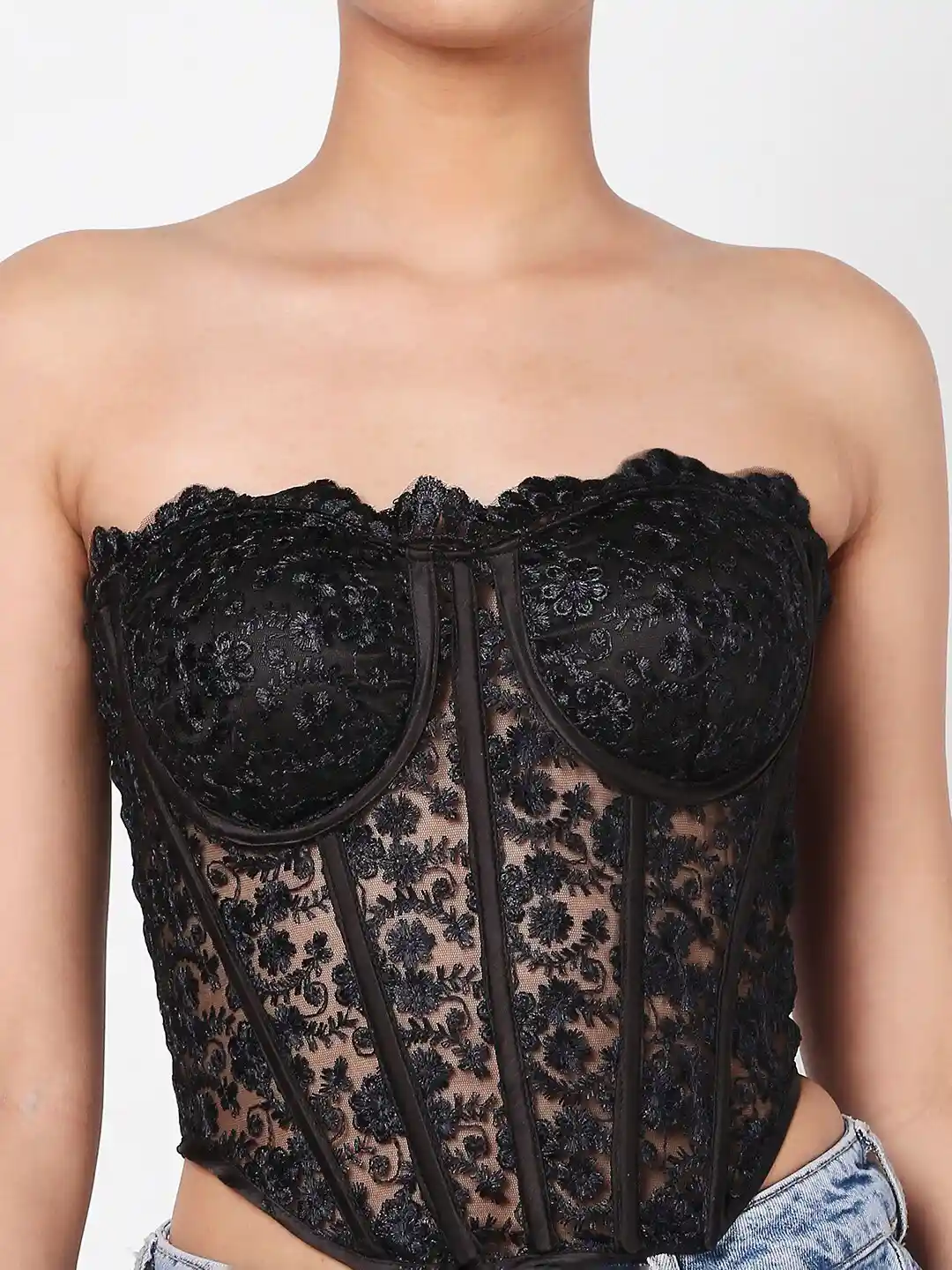 Buy LIYOKKI Floral Lace Sheer Strapless Lace Up Corset Crop Buy LIYOKKI Floral Lace Sheer Strapless Lace Up Corset Crop