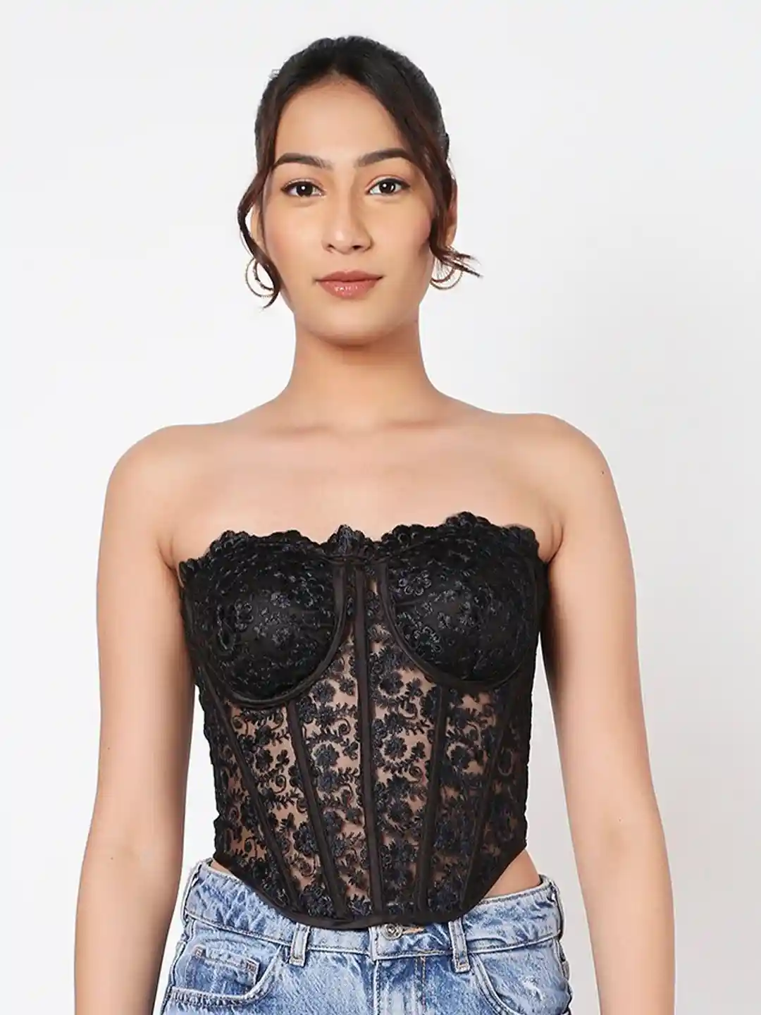 Black Lace Up Corset Top Satin Strappy Lace Up Corset Top Boohoo - Main Image