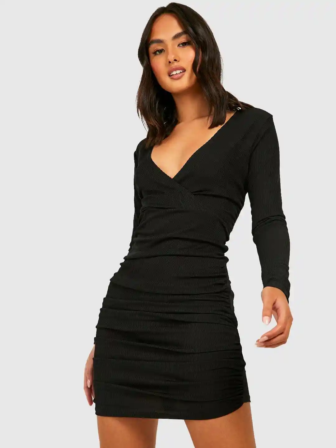 Mini Dress Ruched Wrap Bodycon Dress Classic Black Alessandra Long