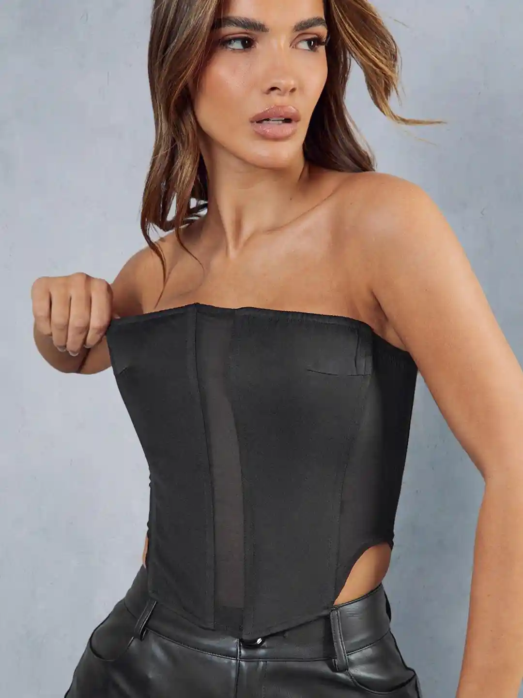 MISSPAP Mesh Inset Detail Off-Shoulder Corset Crop Top