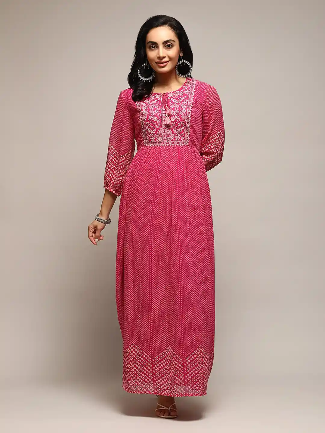 Biba Ethnic Motifs Printed Embroidered Detail Maxi Fit Flare Ethnic Dress