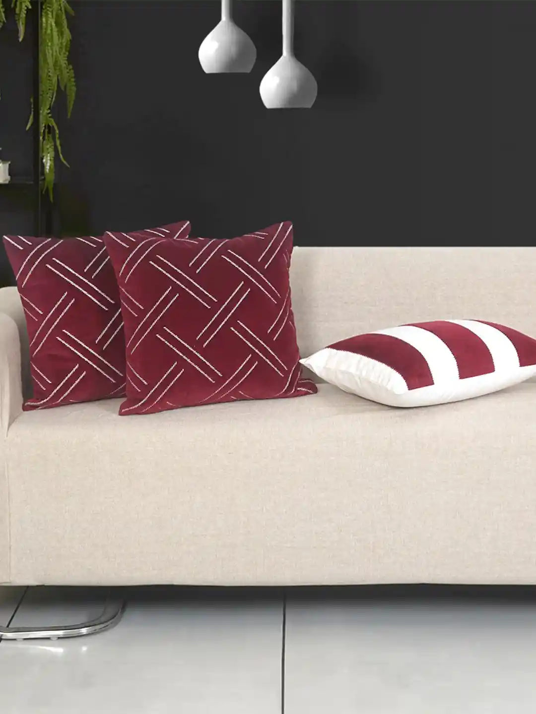 Ode Cleo Maroon White Pieces Striped Velvet Square Cushion Covers