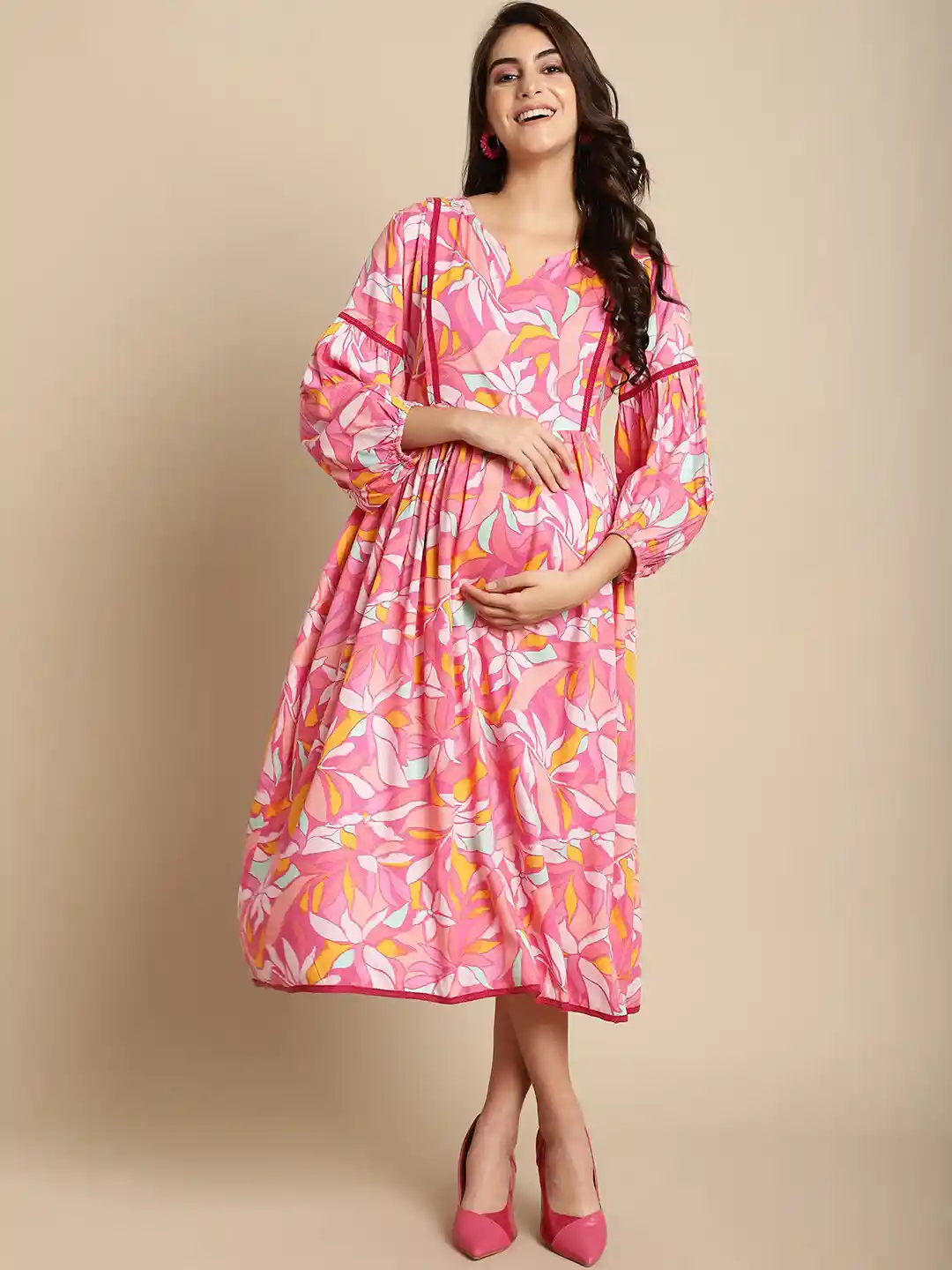 Secret Wish Floral Printed Gathered A-Line Maternity Dress