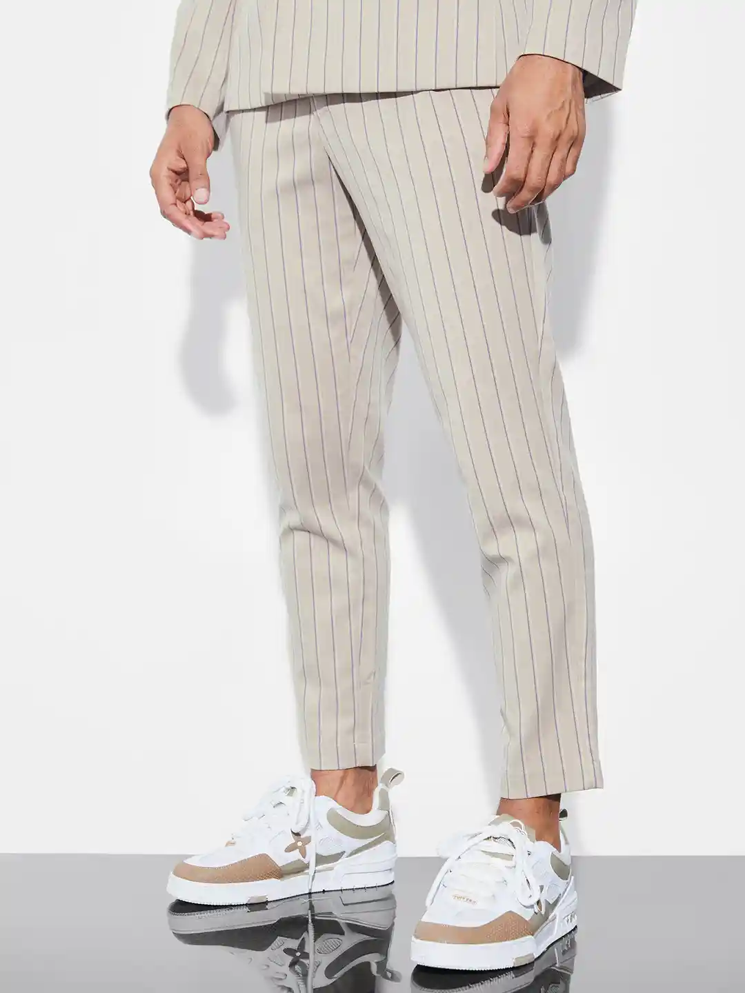 Buy boohooMAN Striped Slim Fit Pleated Cropped Trousers Trousers