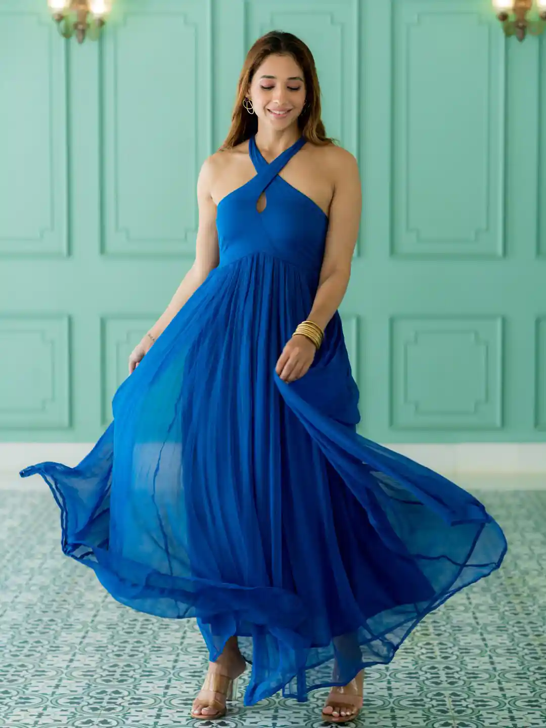 Buy Ambraee Halter Neck Sleeveless Fit flare Pleated Maxi Dress