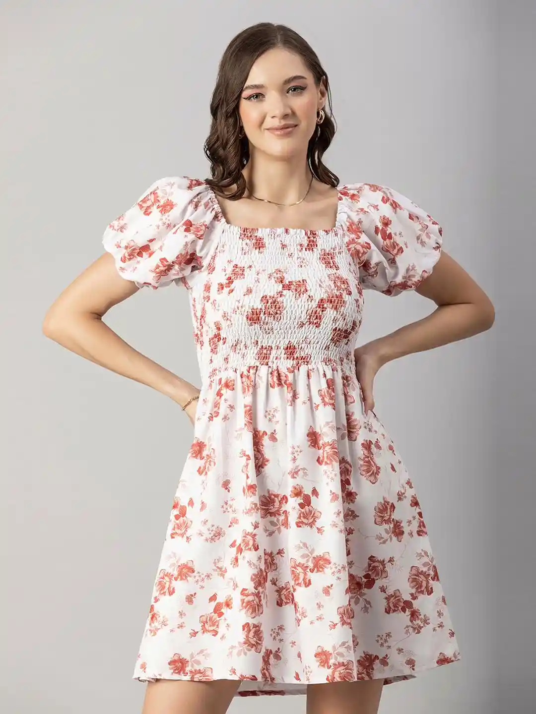 Buy Moomaya Floral Printed Square Neck Puffed Sleeves Smocked Fit