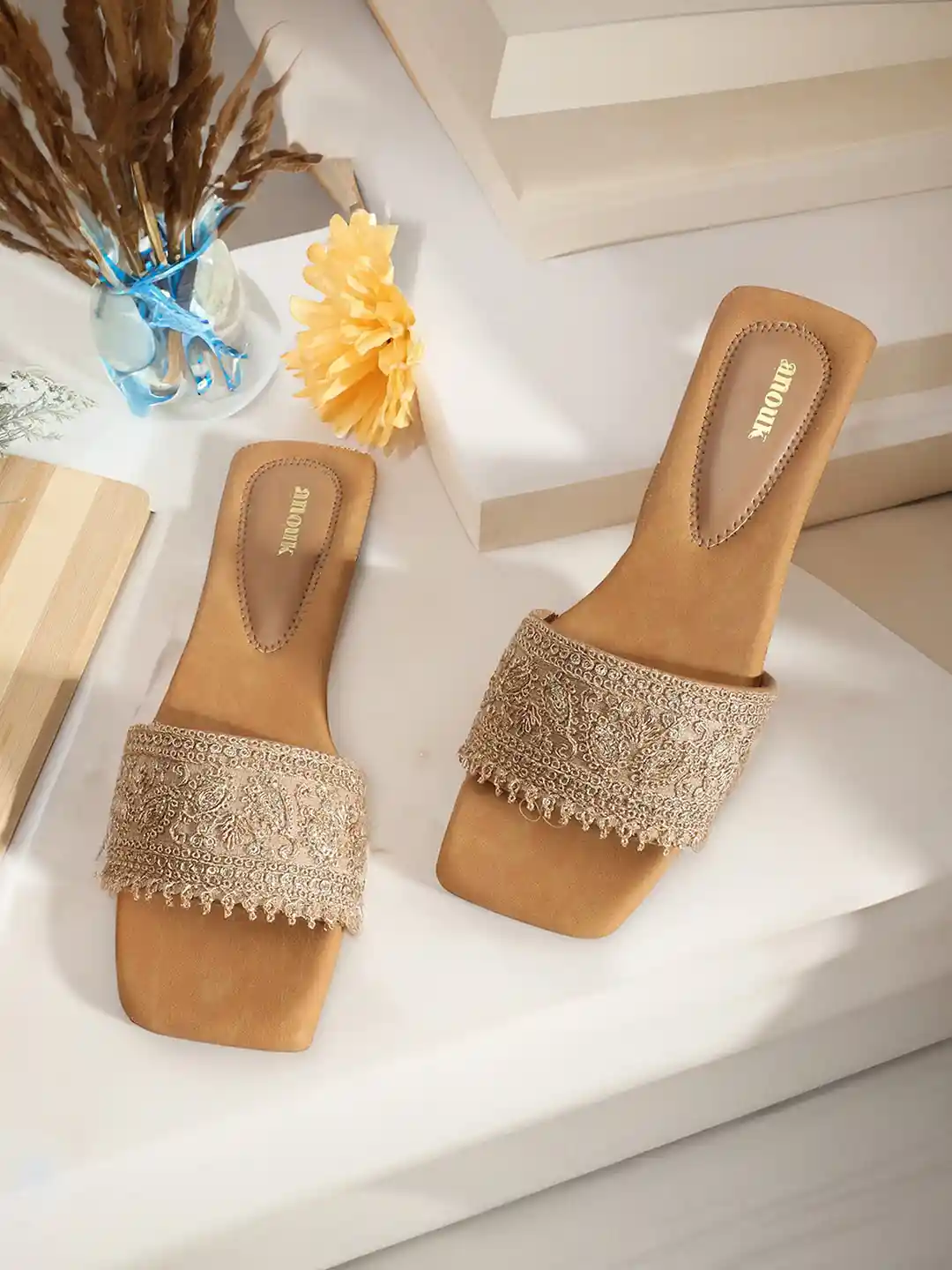 Buy Anouk Beige Ethnic Embellished Open Toe Flats Flats for
