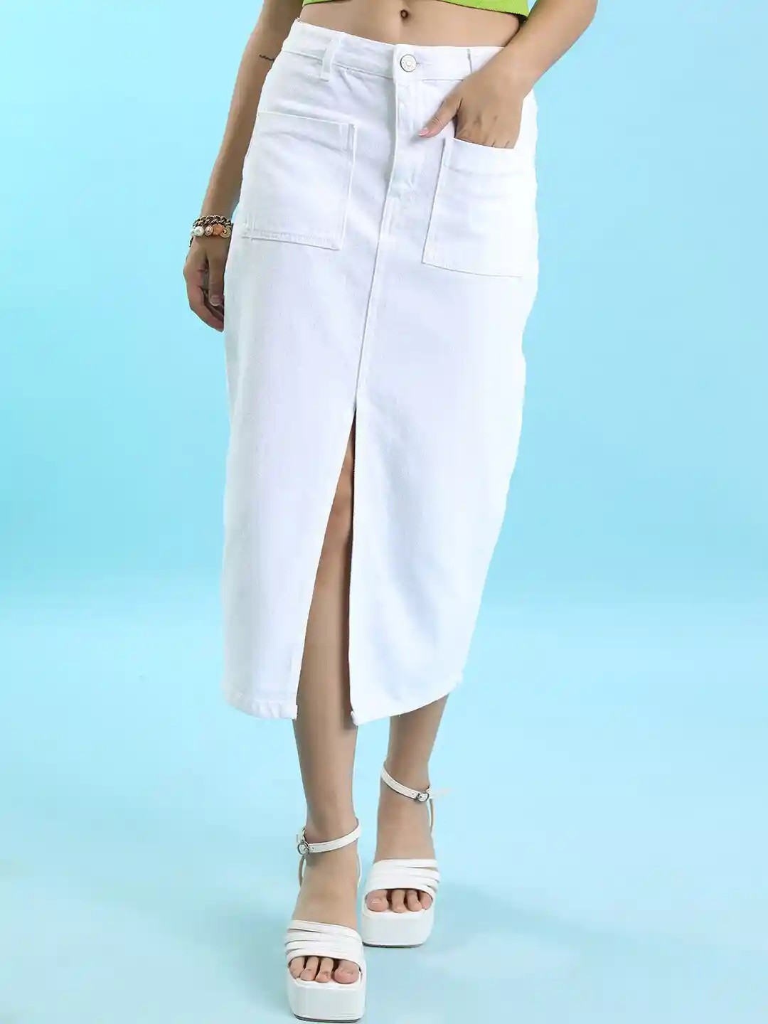 Tokyo Talkies White Mid-Rise Cotton Denim Midi Skirt