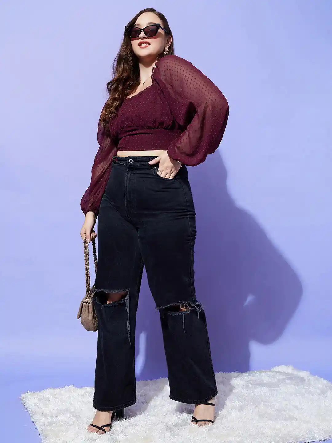 Buy Berrylush Curve Plus Size Georgette Blouson Crop Top Tops