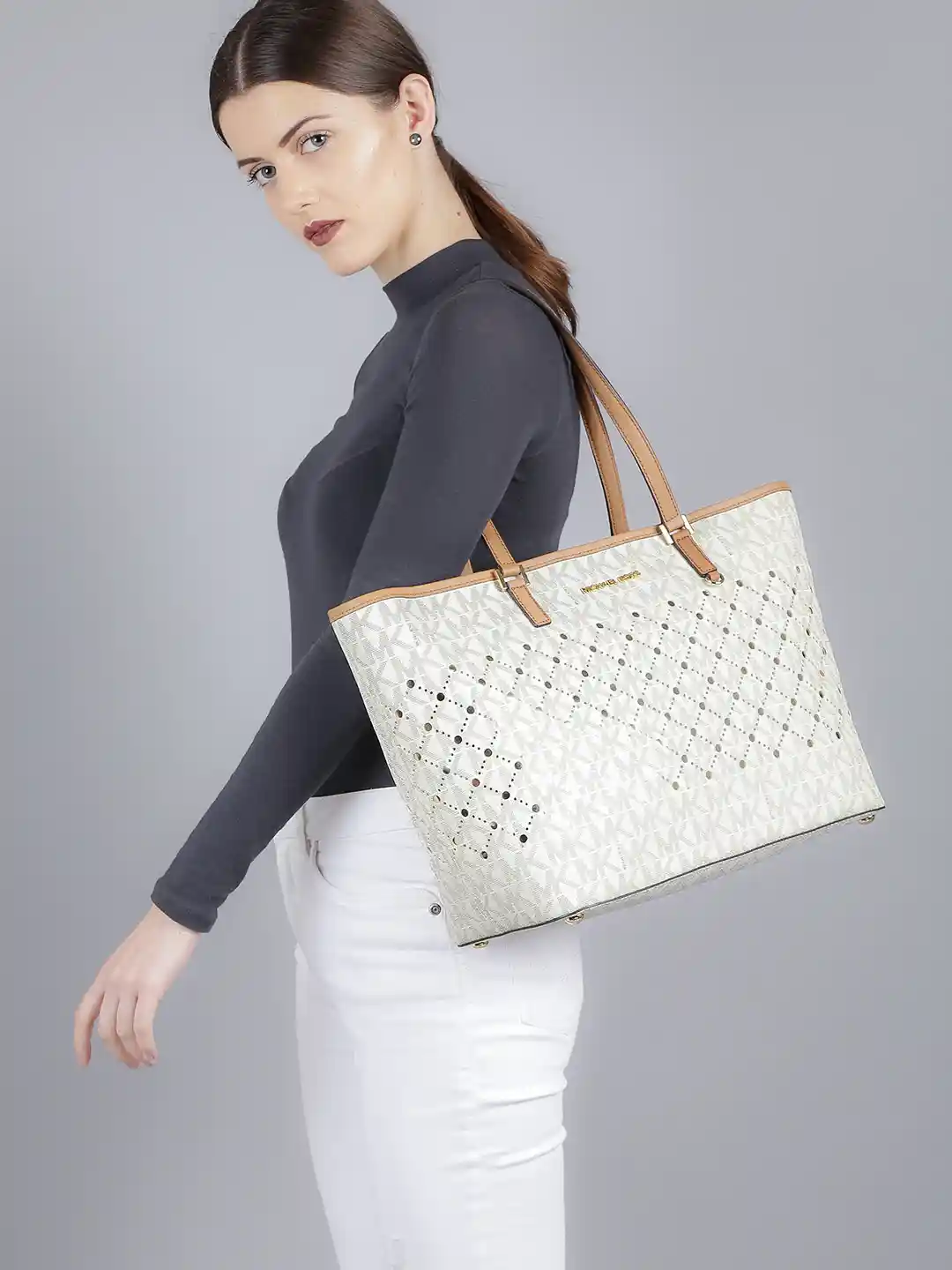 Buy Michael Kors Off-White Gold-Toned Printed Leather Shoulder - Main Image