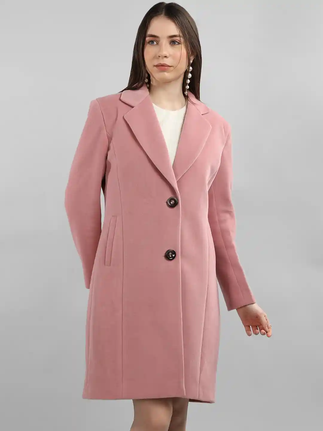 Pink Ladies Long Coat Woolen Buy Plagg Notched Lapel Collar