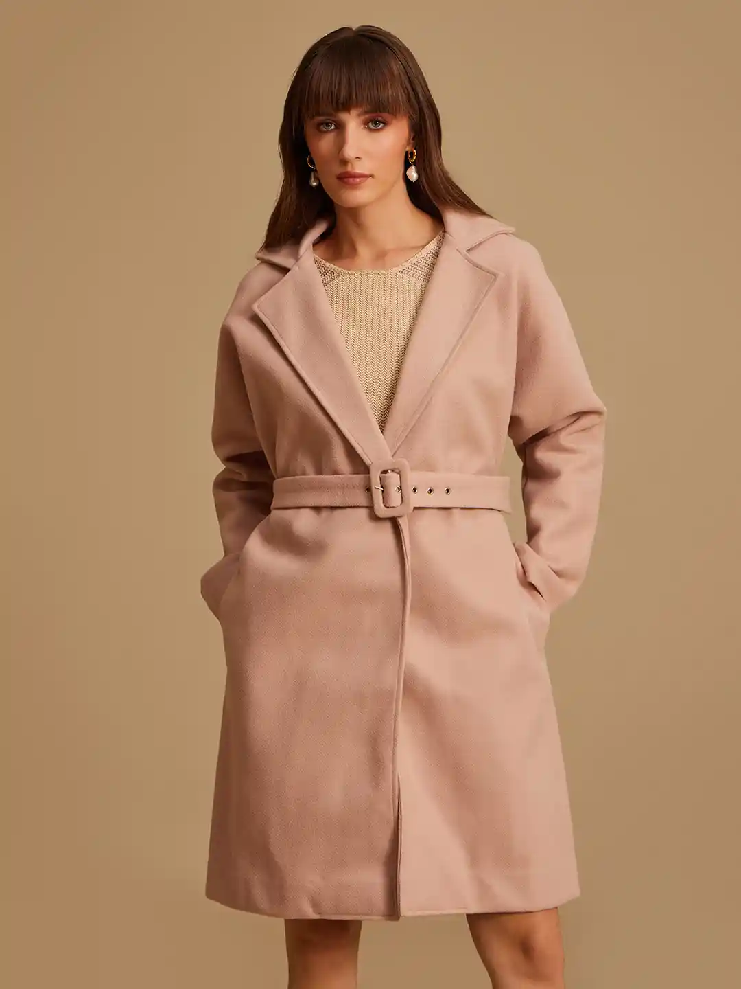 Buy Kazo Notched Lapel Collar Trench Coat With Belt - Coats for