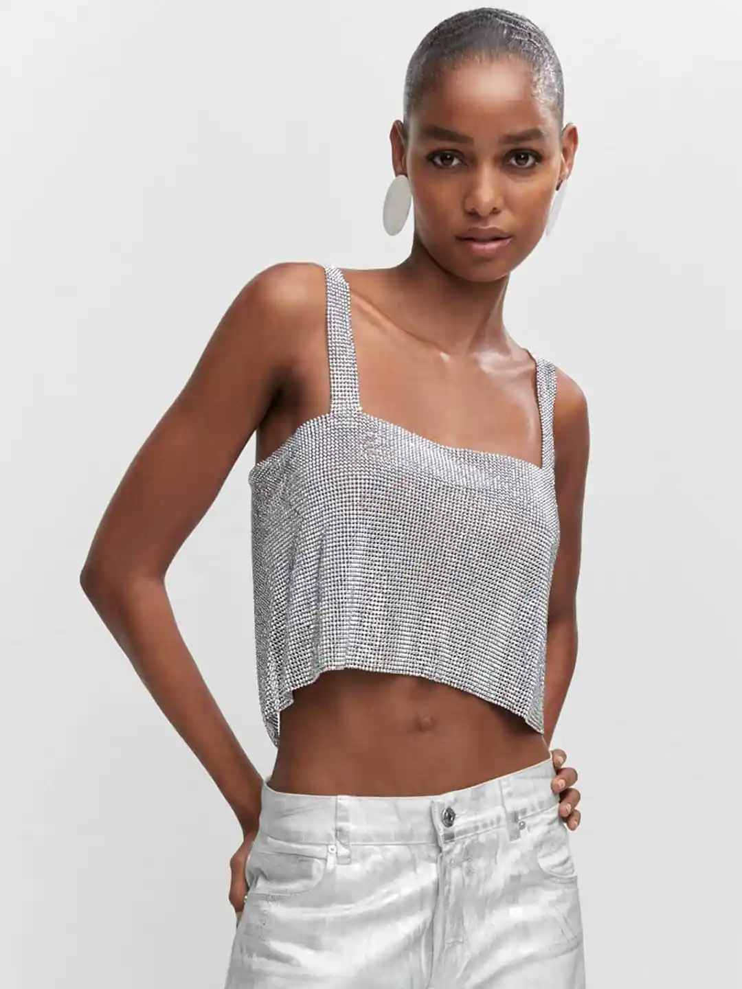 Buy MANGO Styled Back Crystal Mesh Embellished Crop Top Tops for